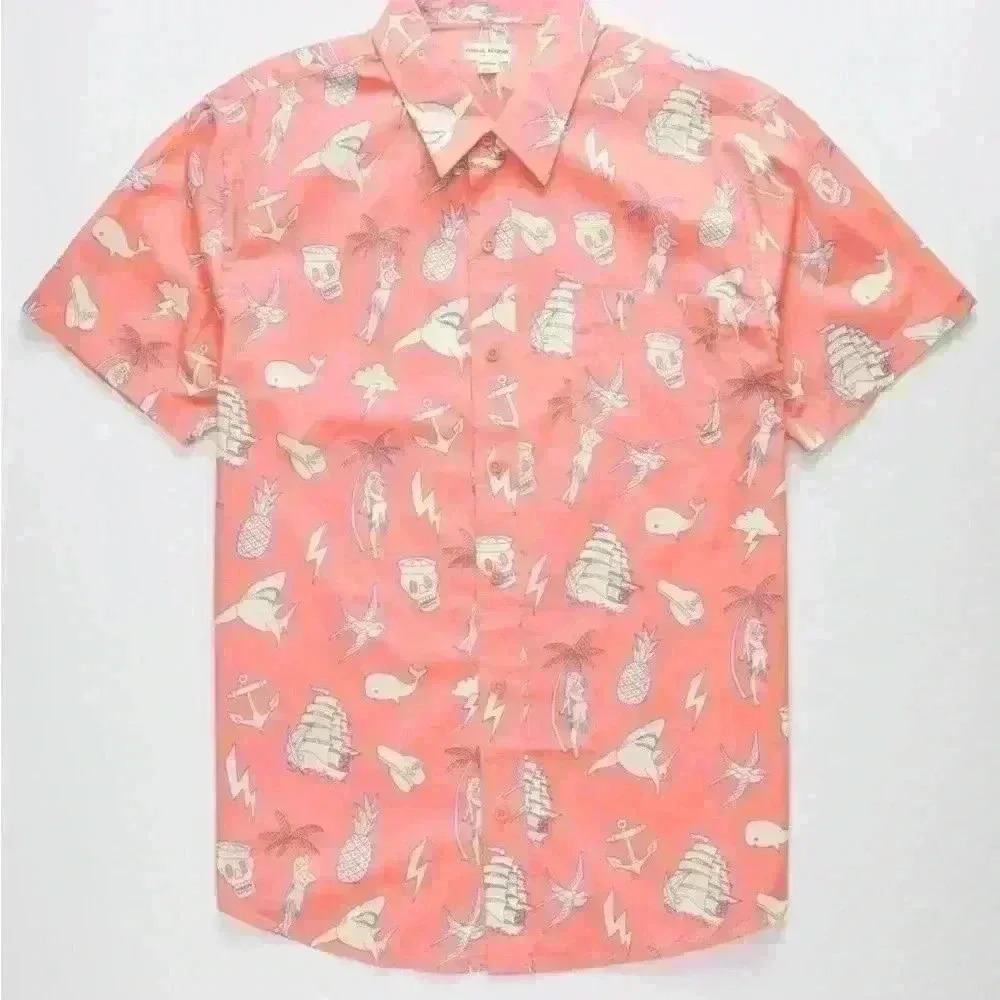 Public Access sea bound shark pineapple ship print summer button front shirt L
